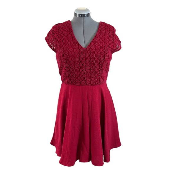 Altrd State Double V Neck Crochet Bodice Flare Skater Sleeveless Dress Maroon L - Picture 1 of 9